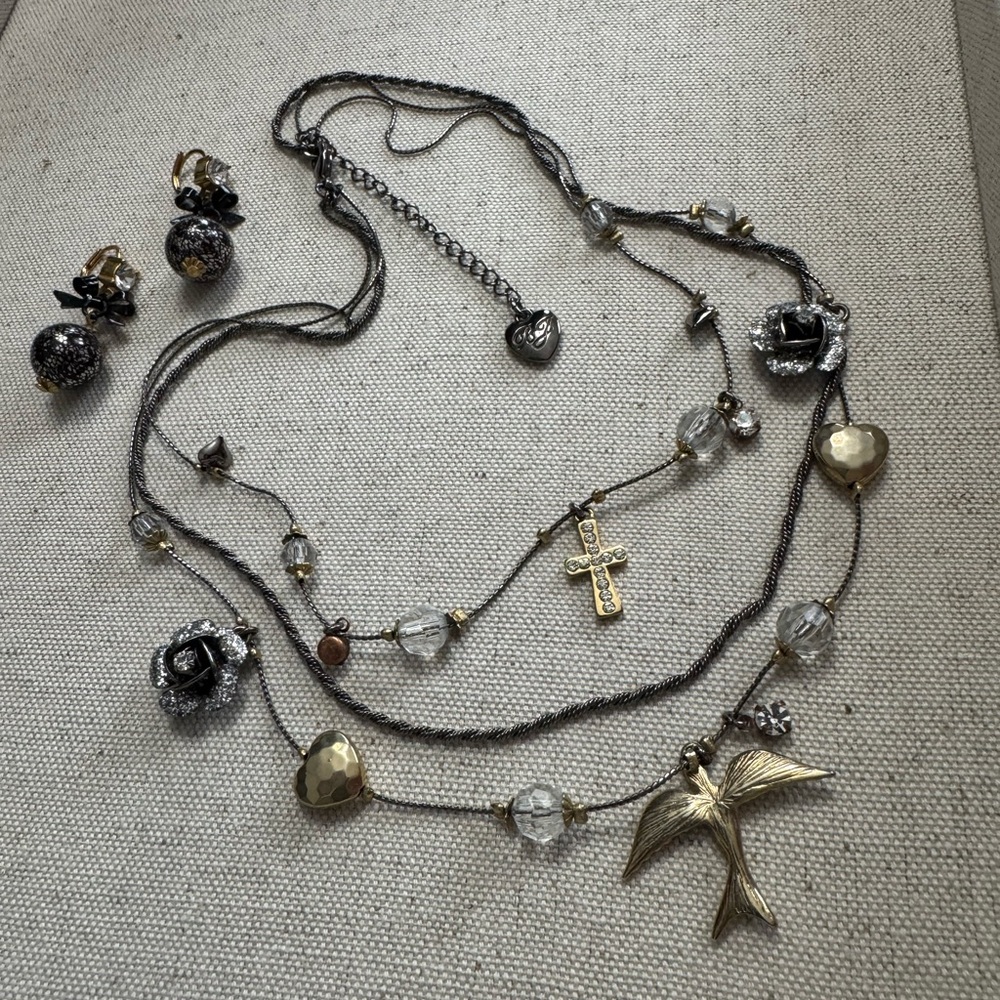 Black Three strand cable/chain Necklace w/ peace, Love & Cross, Crystal Accents